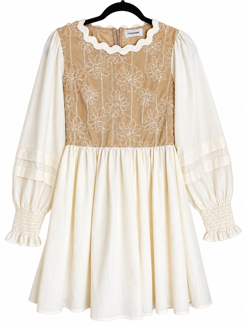 Cream Dress with Tan Floral Embroidered Yoke